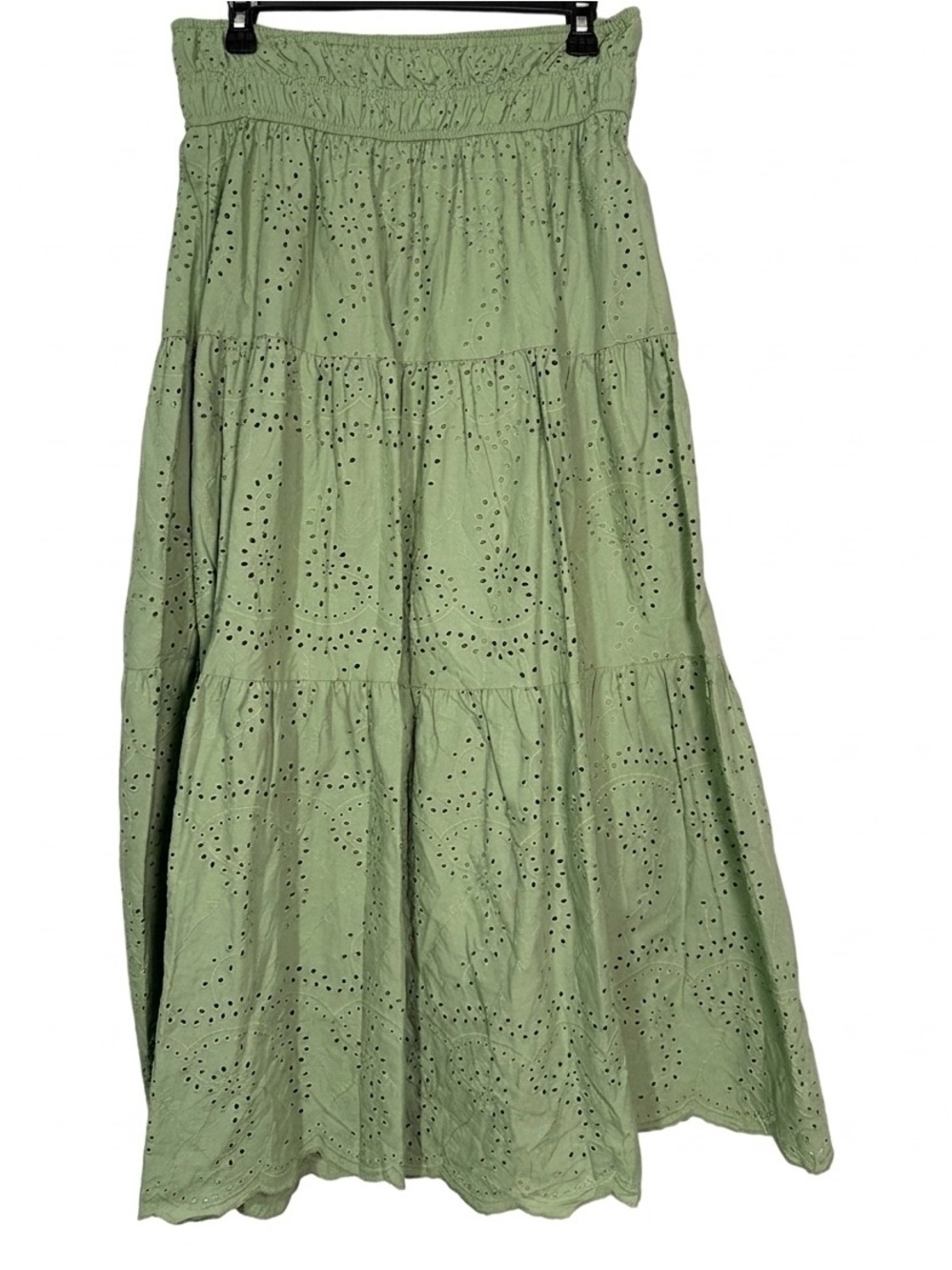 Francesca's Sage Green Tiered Eyelet Midi Skirt Size M Cotton